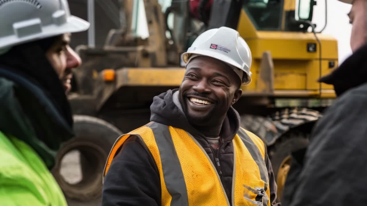 Two construction workers in hard hats share a laugh in front of machinery