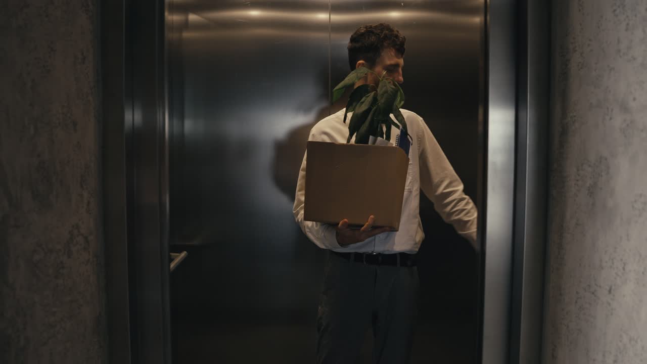 Man leaving office with box of belongings