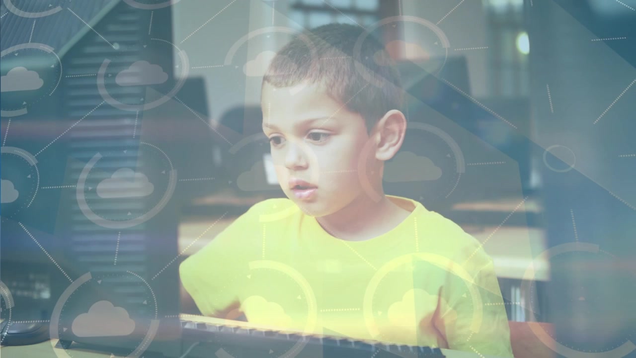 Animation of network of connections over boy using computer at school