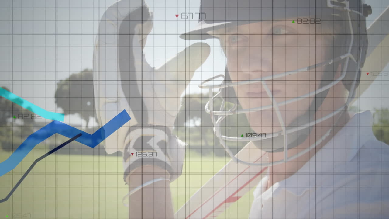 In school, animation showing cricketer in helmet with graph lines overlaying