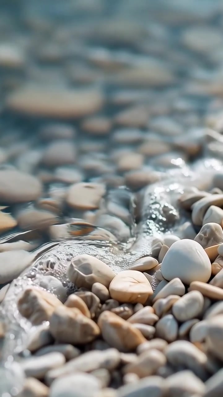 Video verticale: Onda sottile che avanza lambendo i ciottoli in primo piano su una spiaggia di ciottoli, spinta da una leggera brezza.