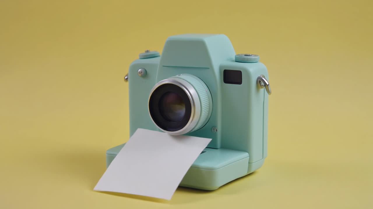 Fotocamera istantanea verde menta che stampa carta fotografica bianca