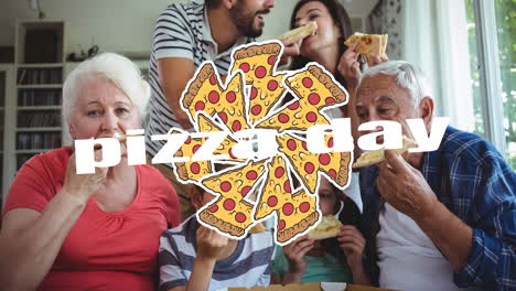 animación de iconos de pizza en forma de relámpago y texto del día de la pizza sobre una familia caucásica comiendo pizza