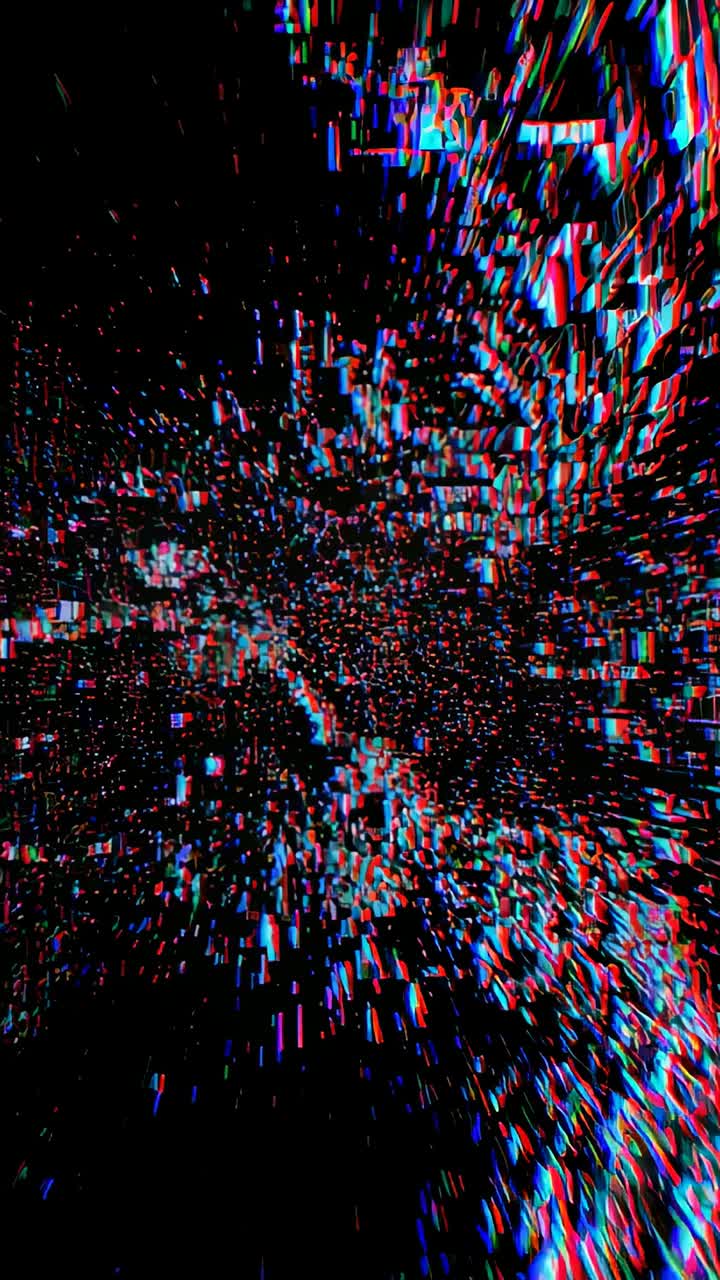 Vertical video: Glitching pixel cluster streaking out across portrait screen with red cyan fringe