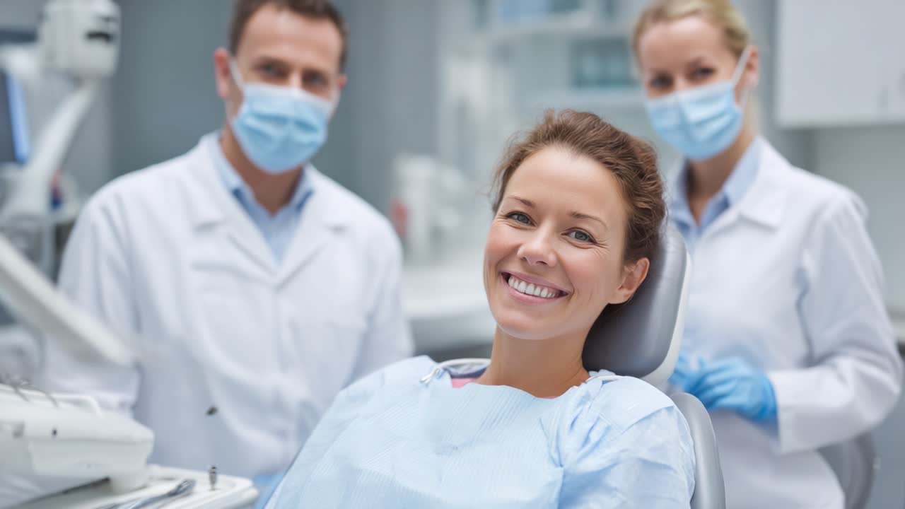 Paziente sorridente in una clinica dentale circondato da dentisti professionisti in camice bianco, che si prepara per un controllo di routine e per mantenere la salute orale