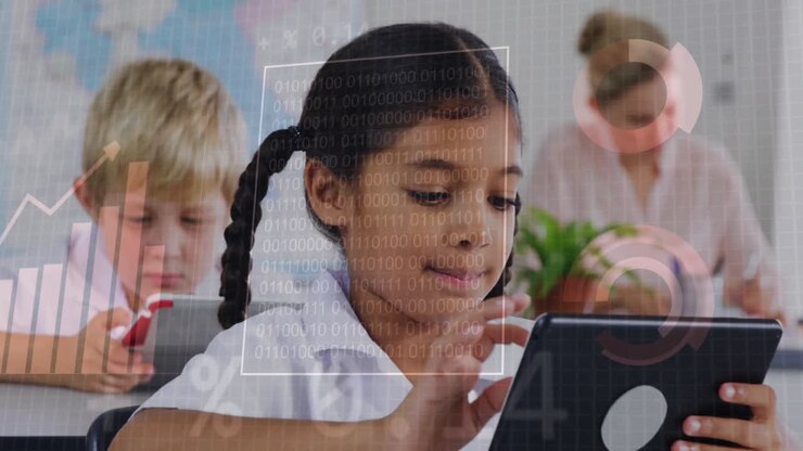 Binary code and data processing animation over children using tablets in classroom