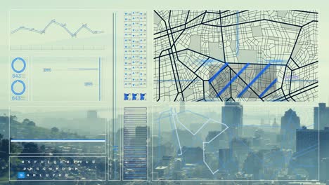 Animación-De-La-Interfaz-Con-Procesamiento-De-Datos-Frente-A-La-Vista-Aérea-Del-Paisaje-Urbano