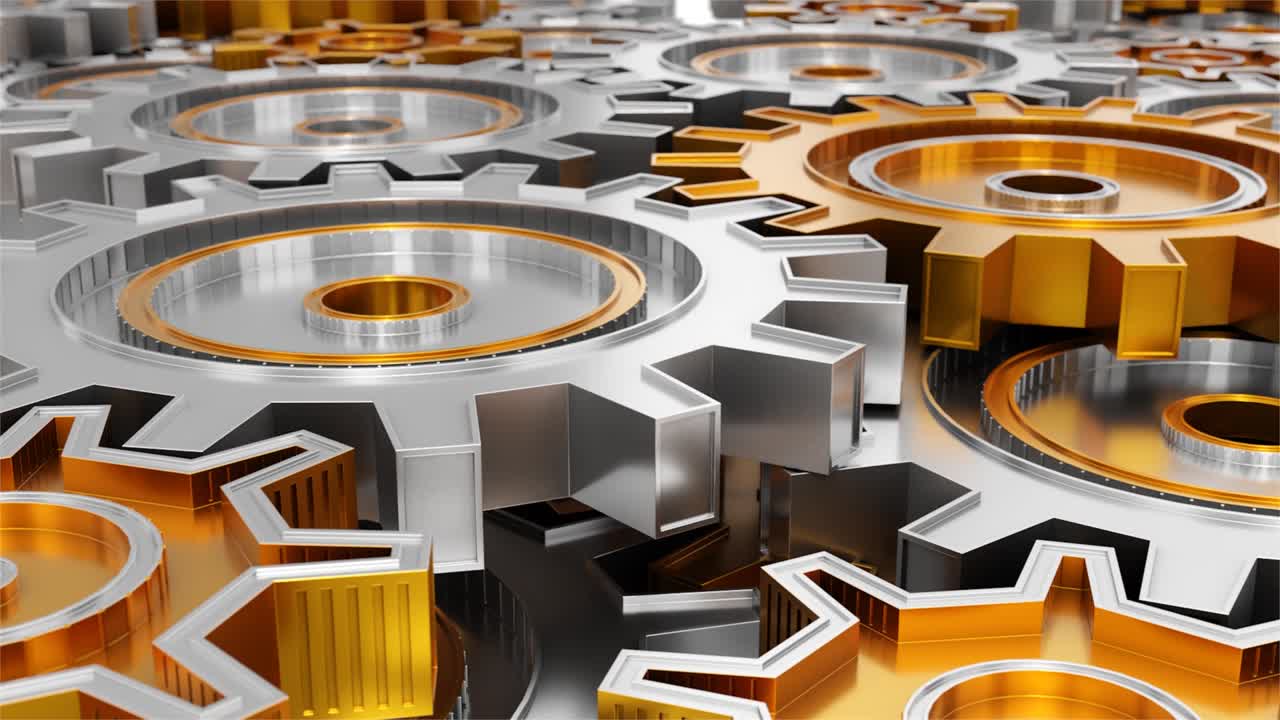 промышленный видео фон с золотыми шестернями. 3d-анимация.