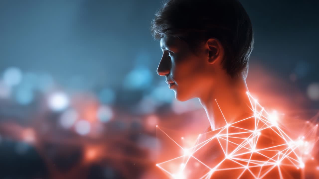 Un giovane pensieroso circondato da una rete illuminata di connessioni astratte, che simboleggia la creatività, la conoscenza e l'innovazione digitale in un mondo moderno