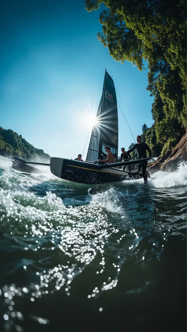 Persone che navigano su un catamarano sull'acqua con spruzzi