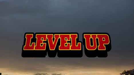 animation of level up text banner against sunset sky