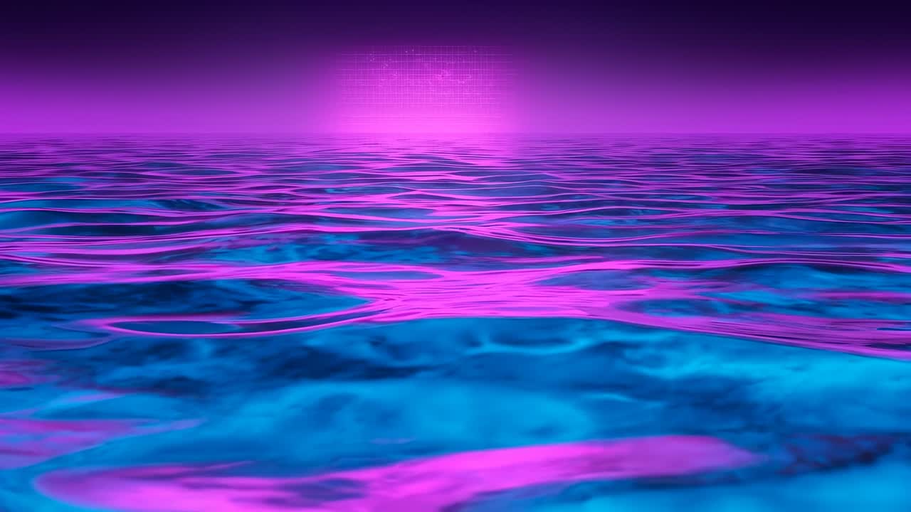 Superficie increspata dell'acqua al neon sul mare aperto con riflessi magenta in movimento sulle onde, che ondeggiano verso il bagliore dell'orizzonte