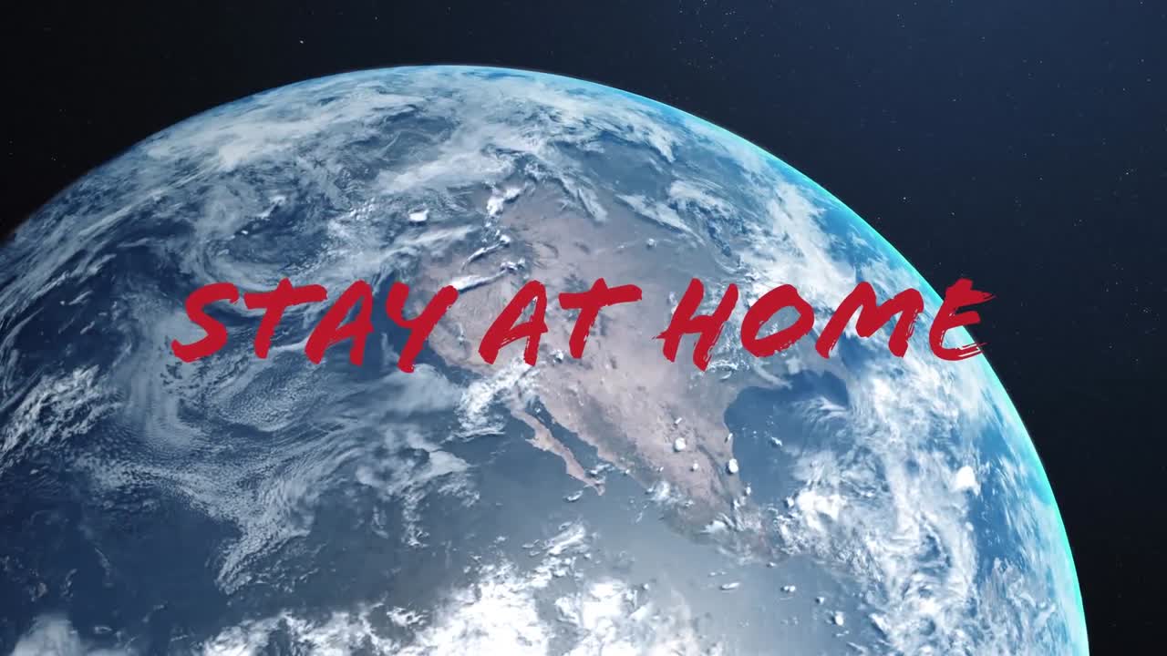 quédese en casa y manténgase a salvo texto sobre el globo contra fondo azul