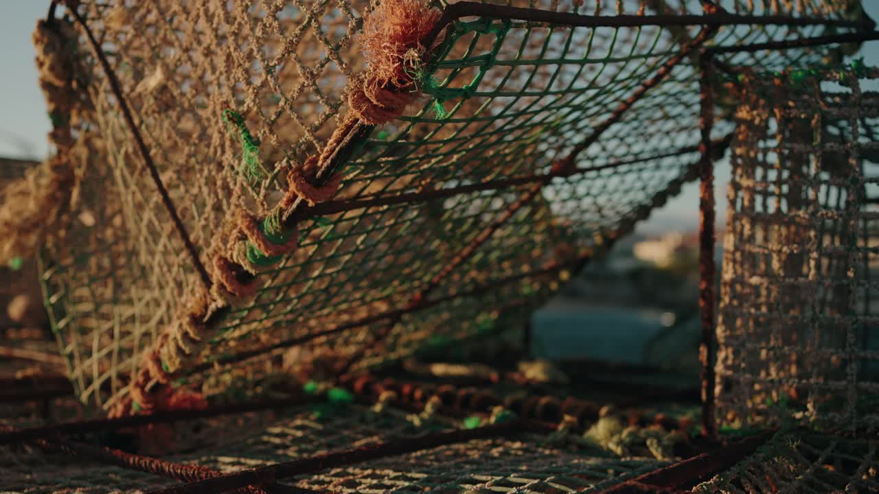 항구에서 황금빛 햇살을 받으며 밧줄과 텍스처를 보여주는 어망 그물에 대한 자세한 보기