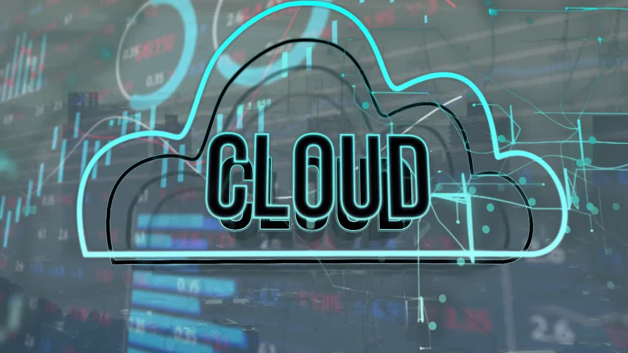 Animation of cloud text and data processing over cityscape