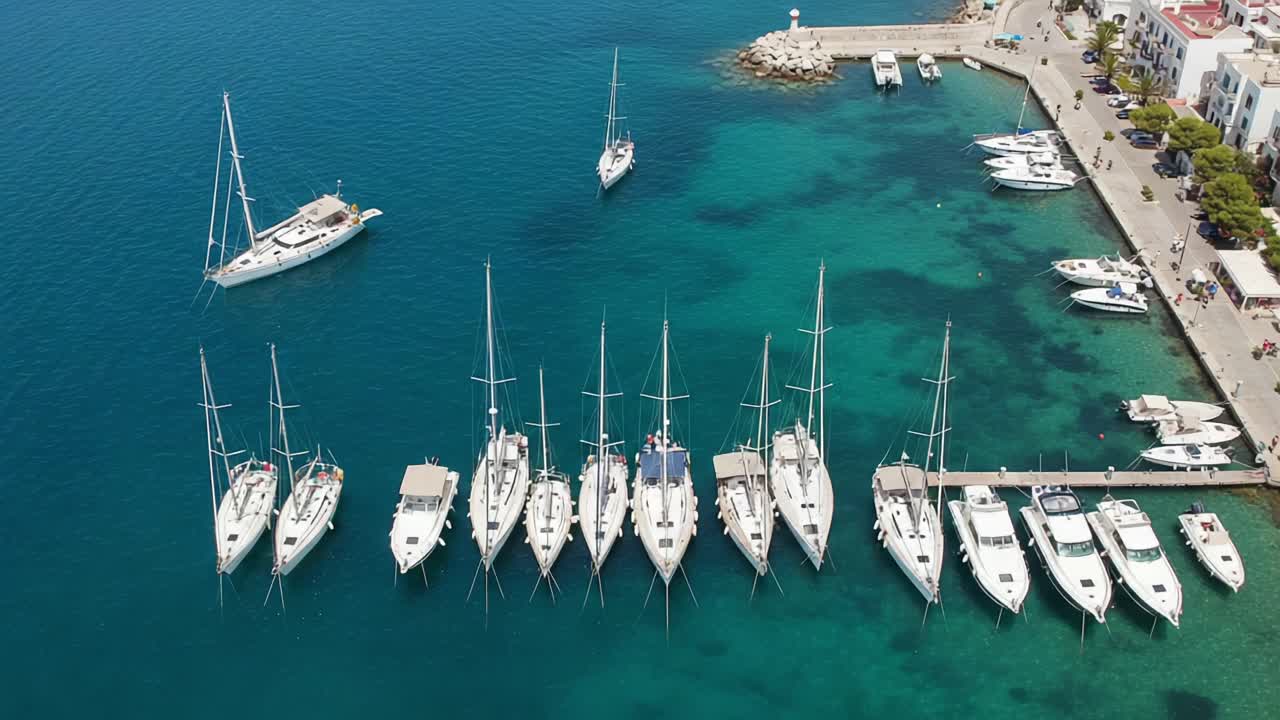 Aerial View of a Busy Marina with Sailboats Docking and Departing from the Waterfront, Showcasing Clear Blue Waters and Scenic Coastal Landscape