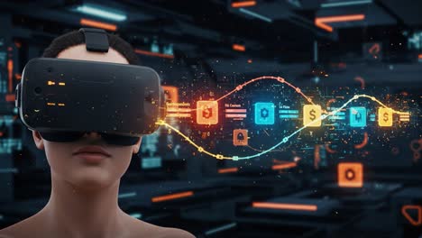 exploring virtual reality through an engaging experience with interactive data and digital elements represented by vibrant visuals in a futuristic environment