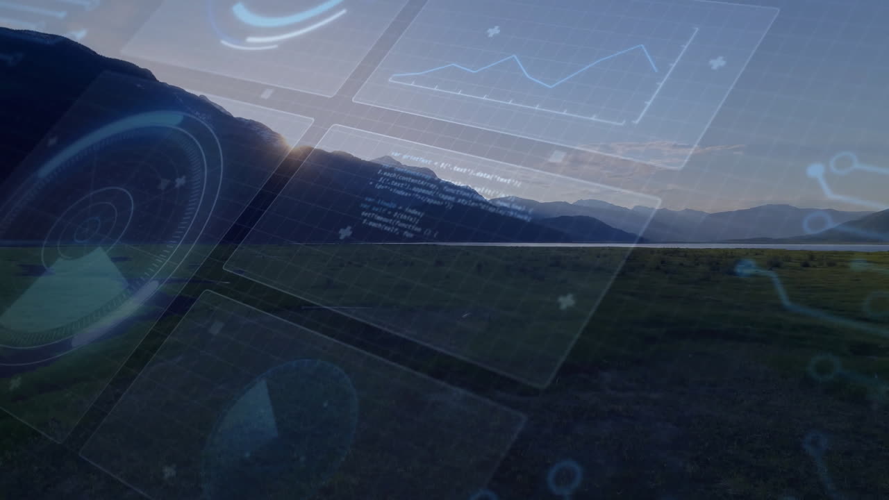 Holographic interface displaying data panels and radar charts floating over sunset mountain lake