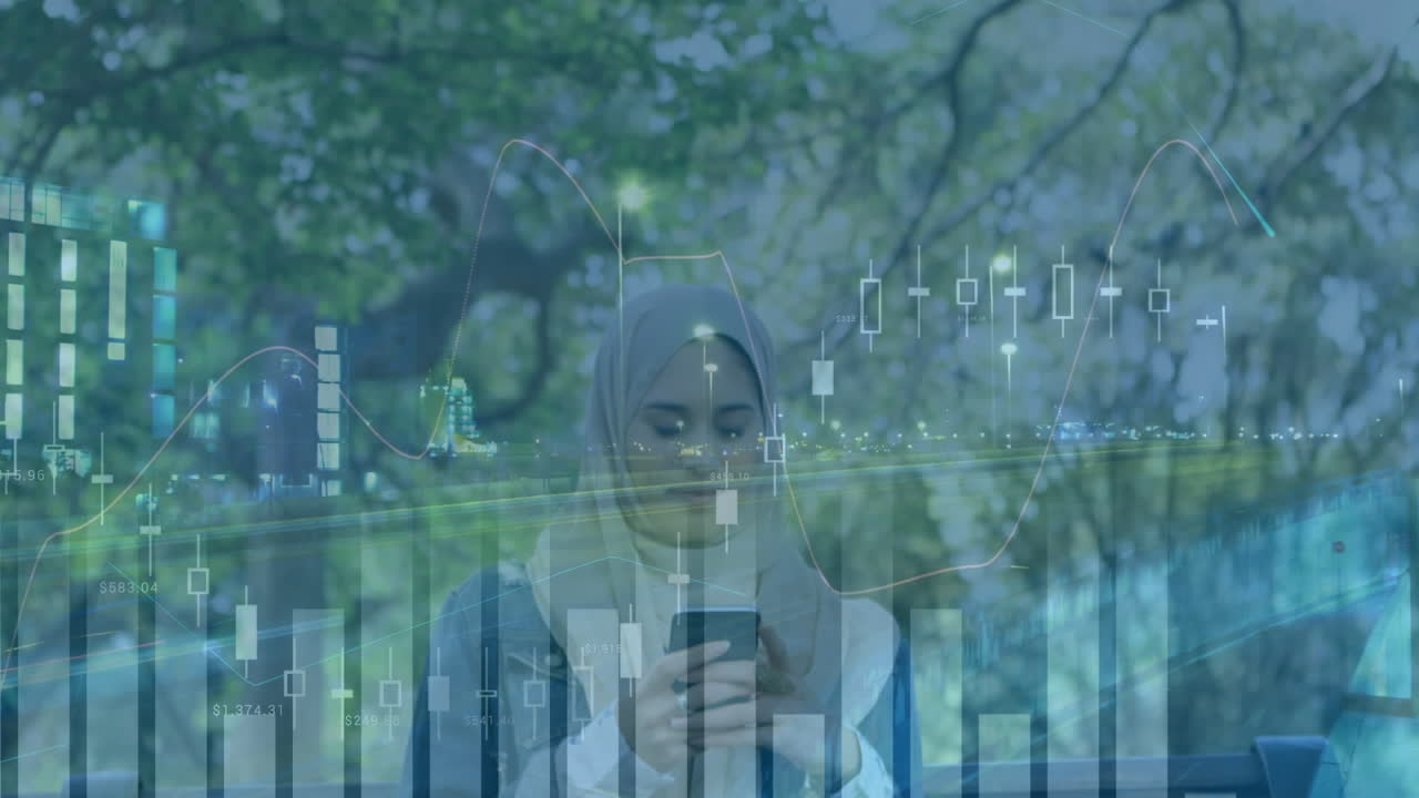 Animation of statistics and data processing over woman in hijab using smartphone
