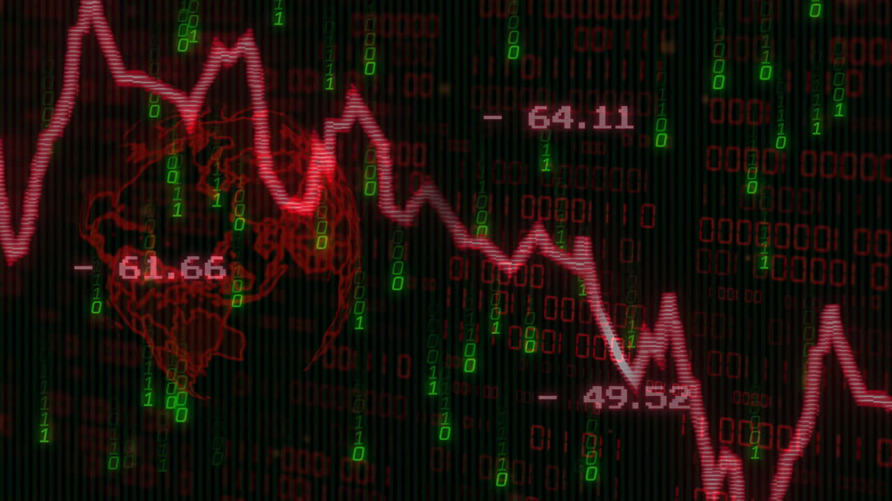Stock market crash animation over binary code and brain illustration
