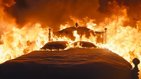 a bed in the middle of a room with a fire coming out of it