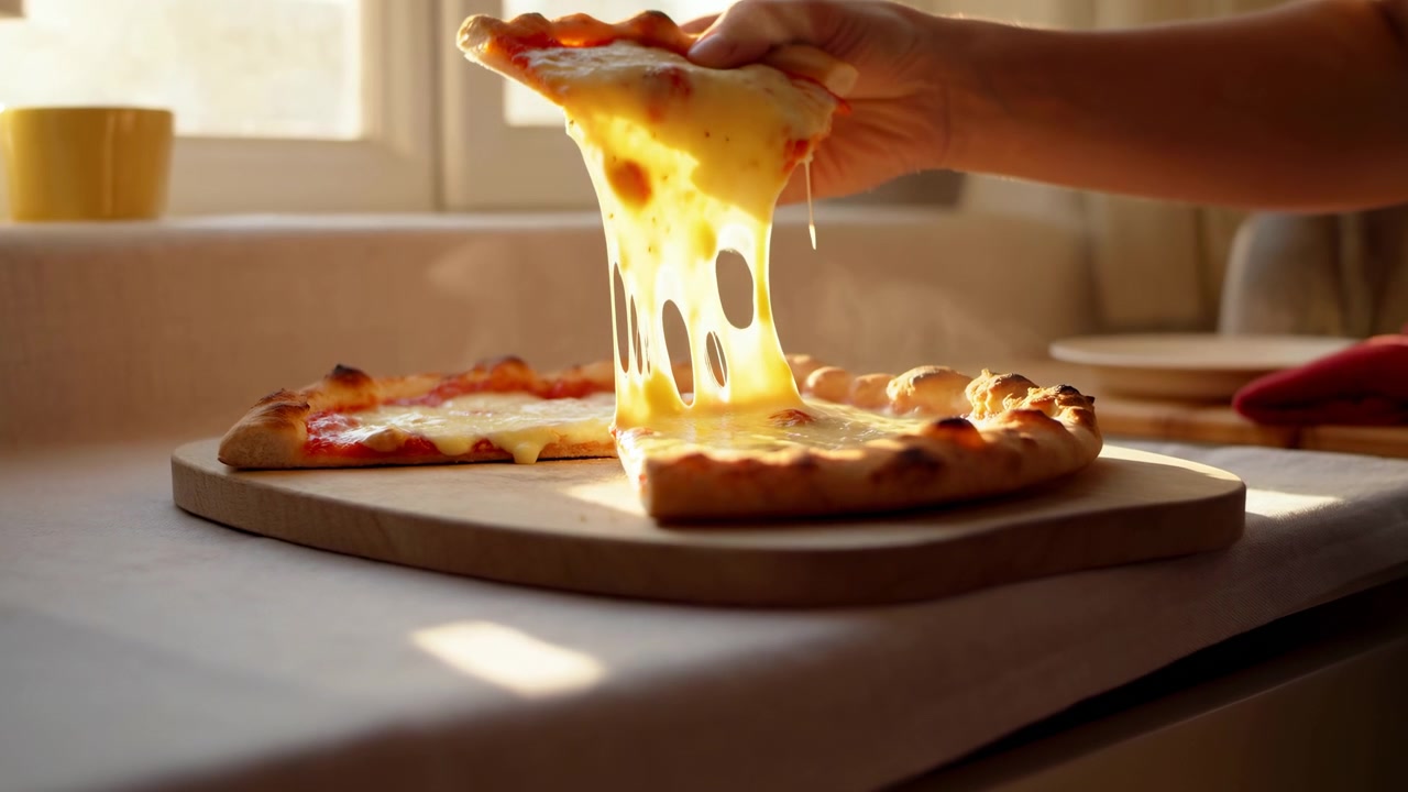 Detail ruky a předloktí zvedající trojúhelníkový kousek pizzy z dřevěného prkénka, zatímco se táhnoucí sýr natahuje z kousku k celé pizze v teplém kuchyňském světle, s atmosférou rustikálního domácího stolování