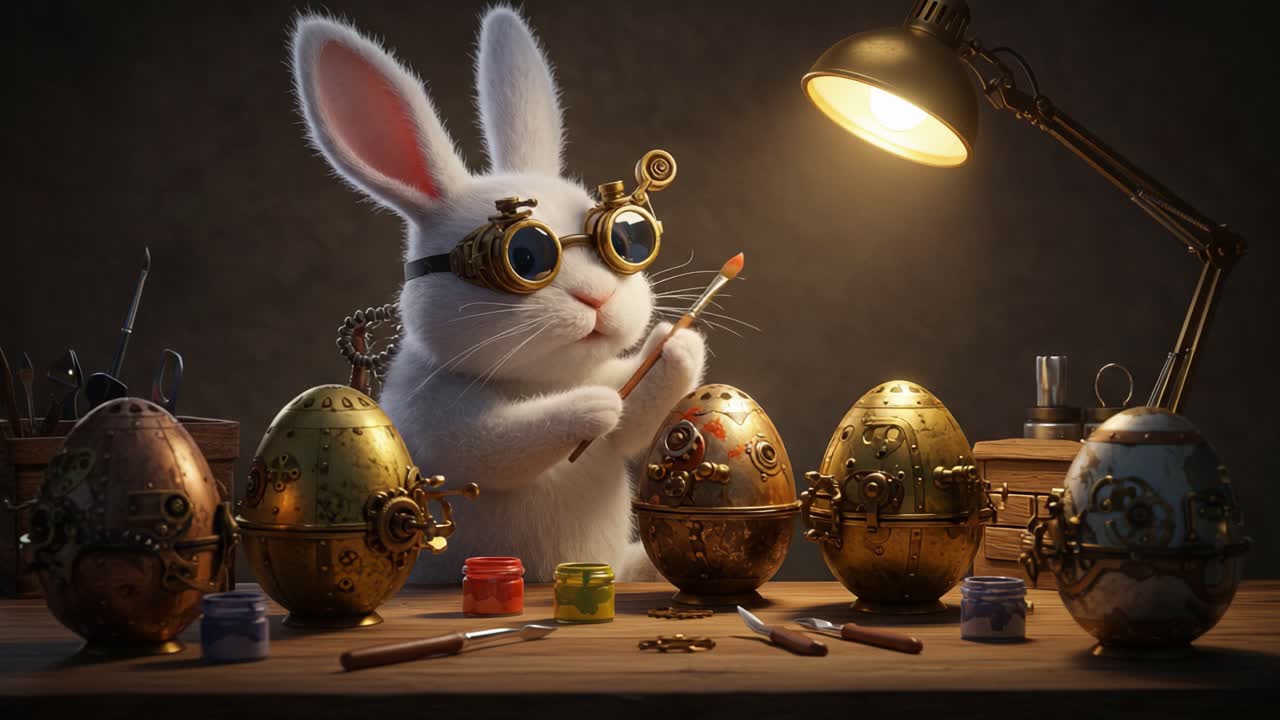 A Steampunk Rabbit Artist Carefully Paints Intricate Easter Eggs Under Warm Light, Showcasing Creativity and Unique Handcrafted Designs
