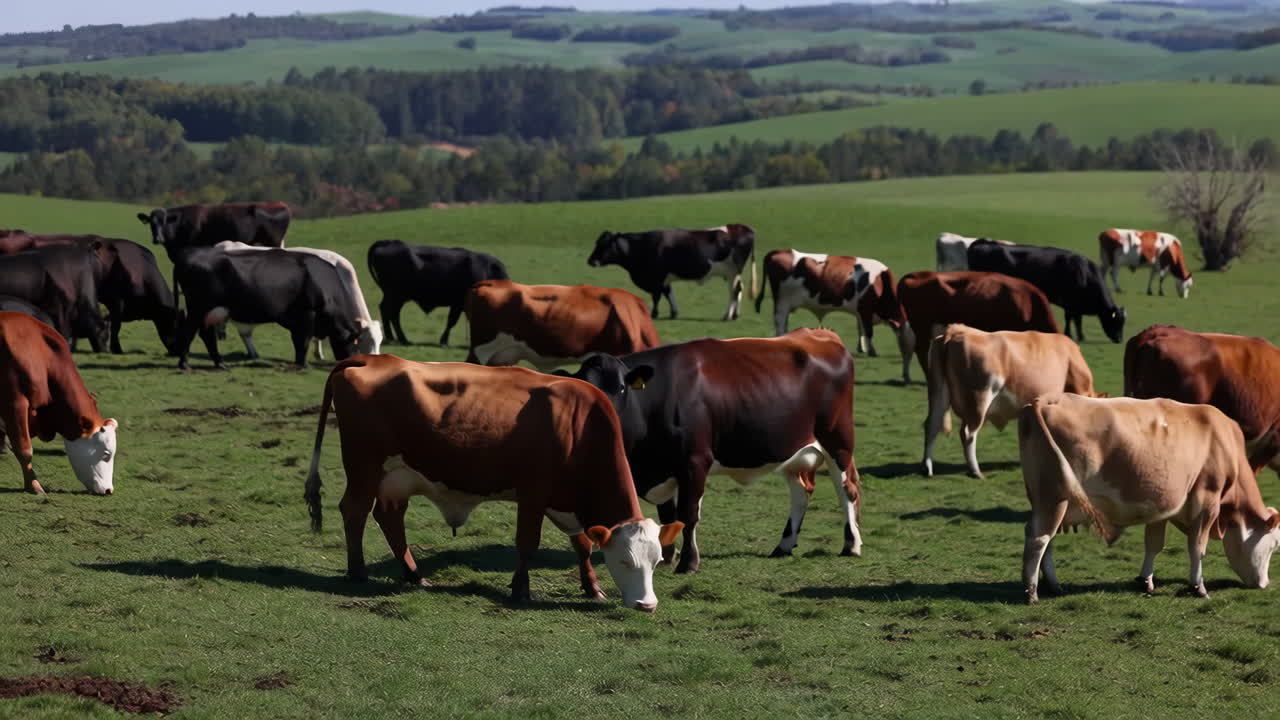 Una grande mandria di bestiame che pascola in un rigoglioso pascolo verde con dolci colline sullo sfondo