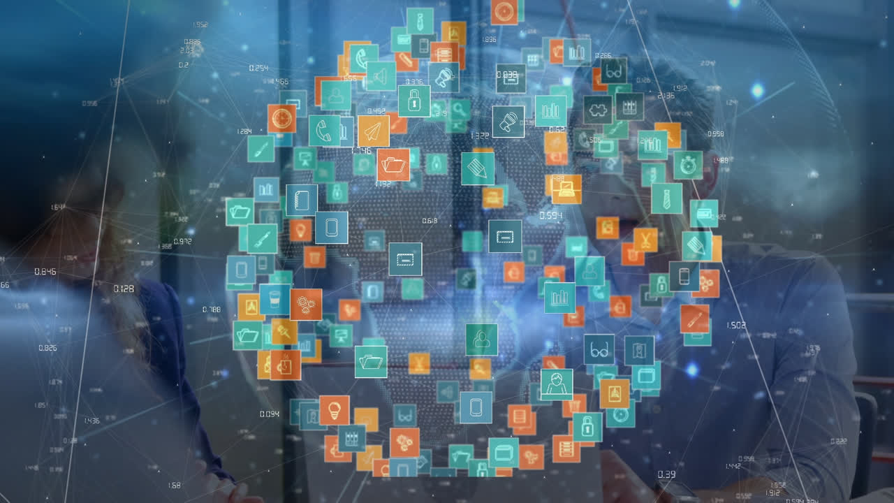 animación de la red de conexiones con iconos sobre diversas personas de negocios en la oficina