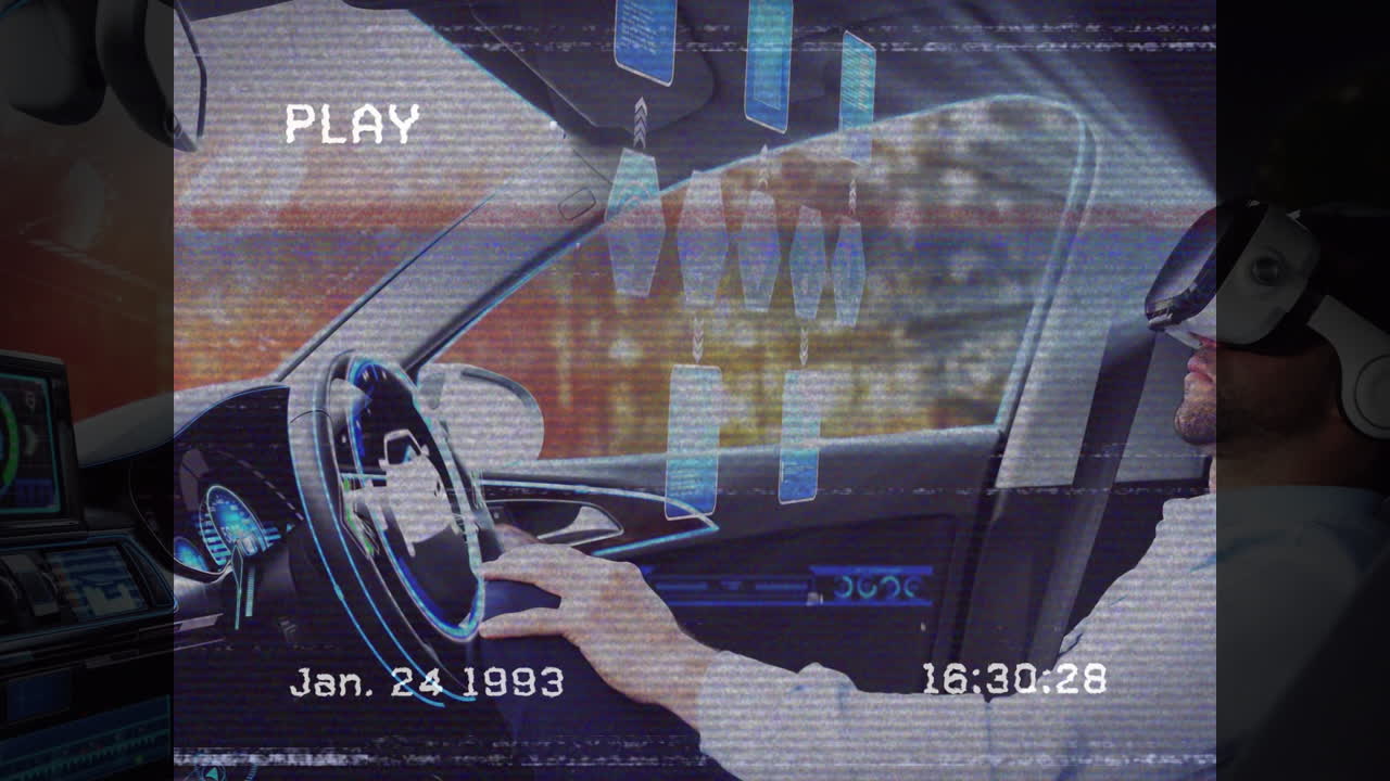 Driving futuristic car with holographic displays, man using virtual reality headset