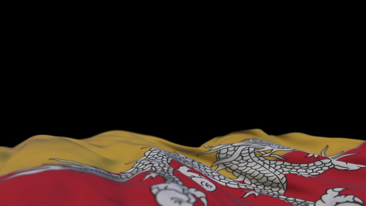 바람의 루프에 흔들리는 부탄 천 발, 부탄의 봉제, 바람에 흔들린 천 배너, 반 채워진 검은색 배경, 텍스트를 위한 장소, 20 초 루프.