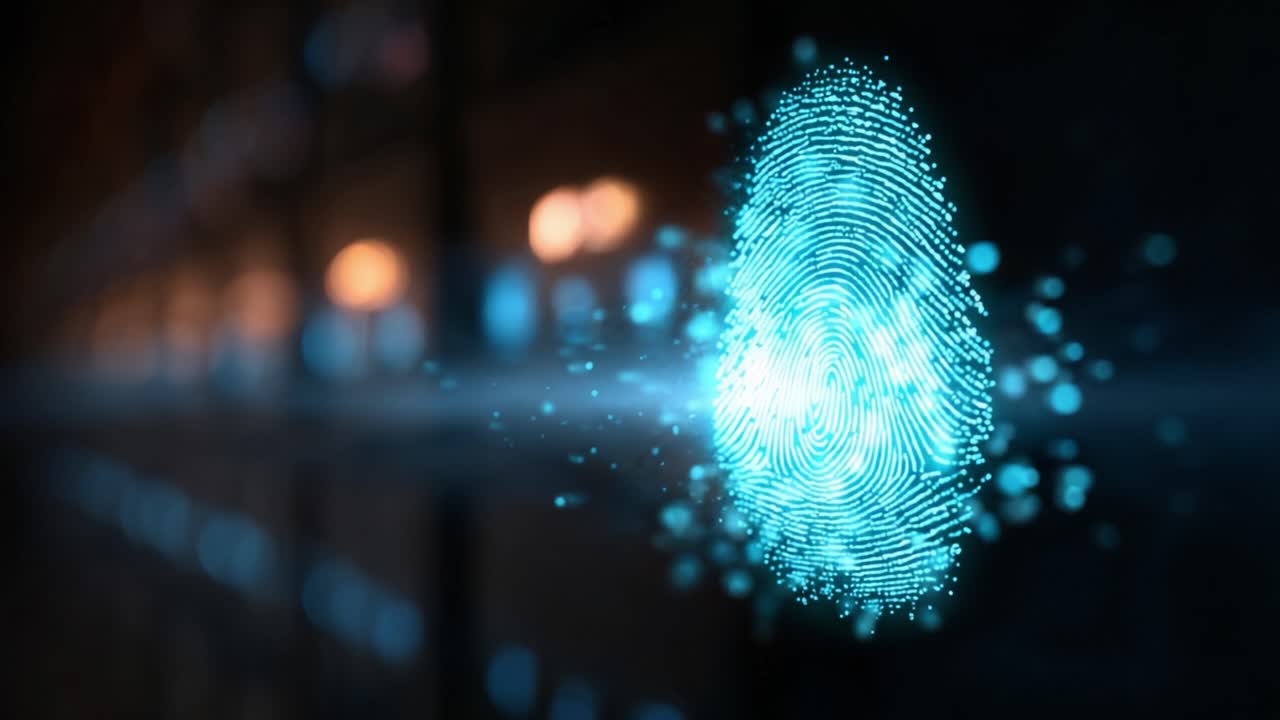 Futuristic Digital Fingerprint Overlay with Blue Particles Against Dark Background Representing Security, Technology, and Identity Verification System