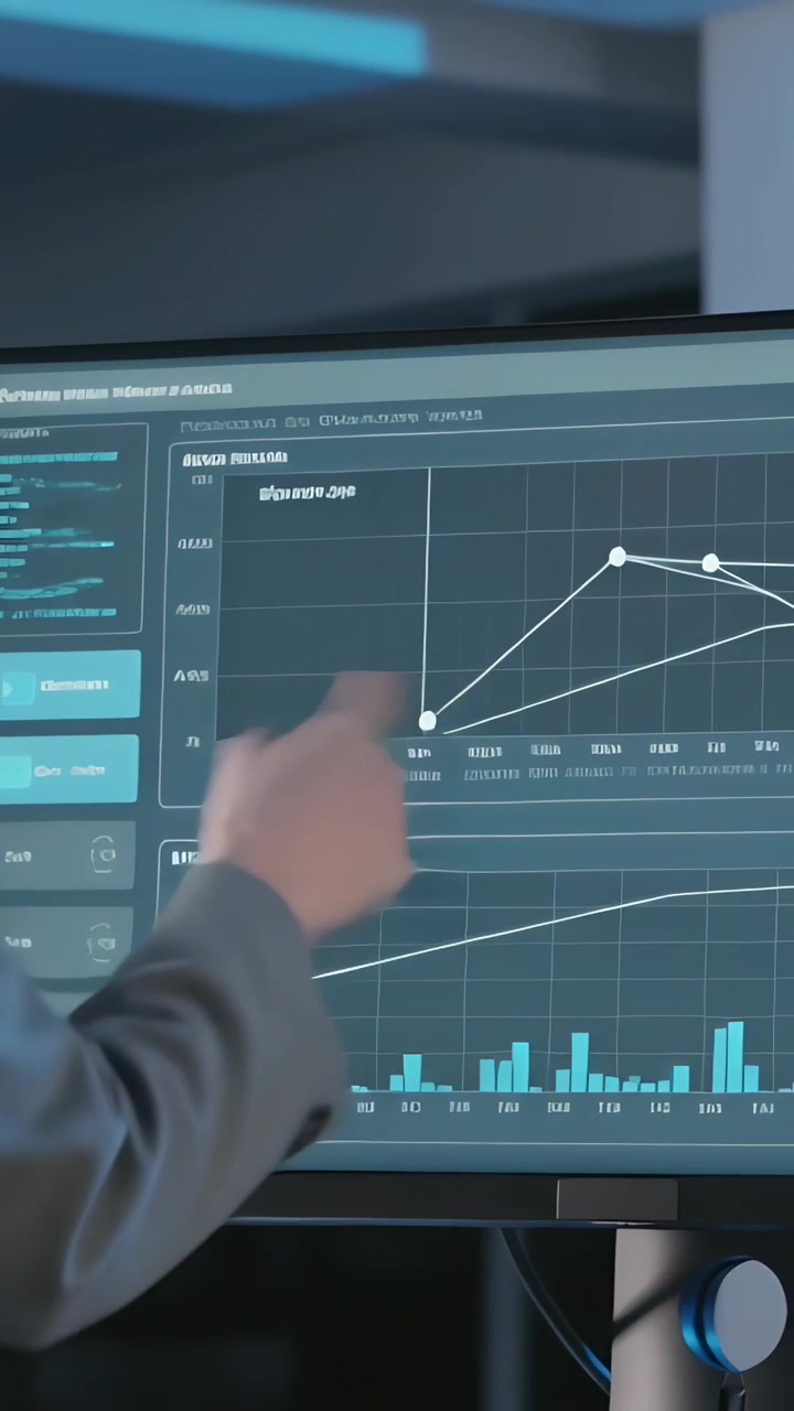 Vertikal video: En hånd i grå erme peker på et nedre diagram på skjermen, og verifiserer en trend.