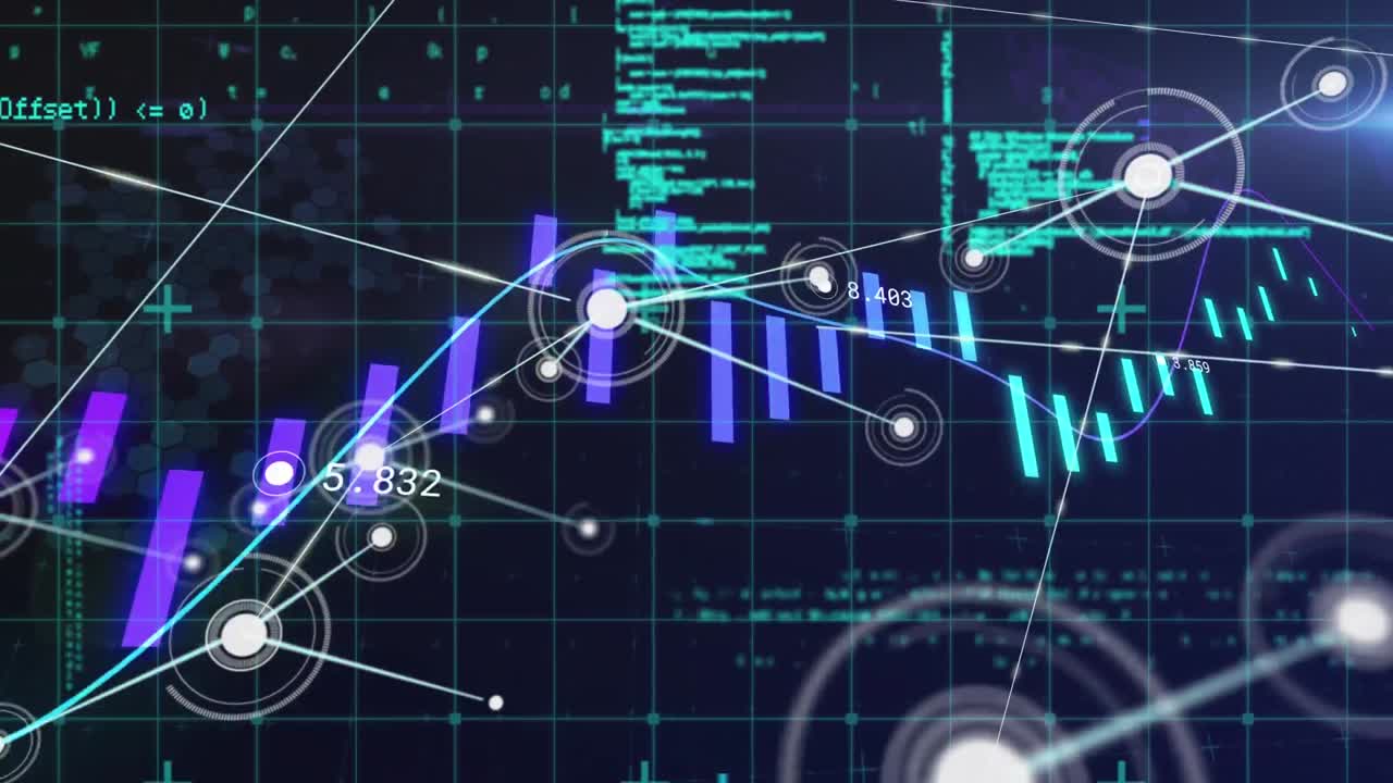 Animation of network of connections over data processing on blue background