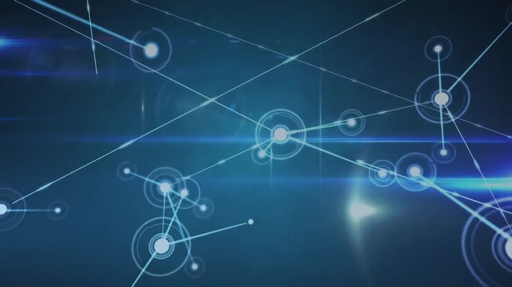 Digital animation of glowing network of connections against blue background