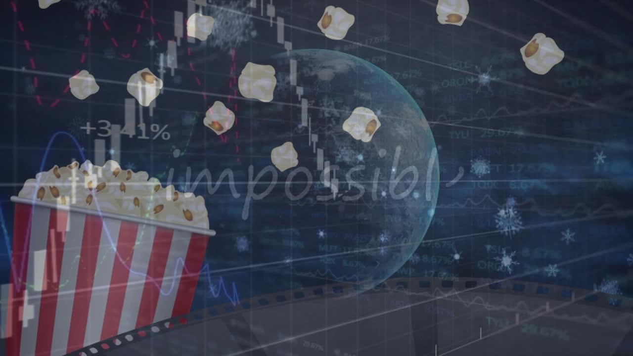 グリッド上で地球、テキスト、ポップコーン、データ処理がアニメーション表示