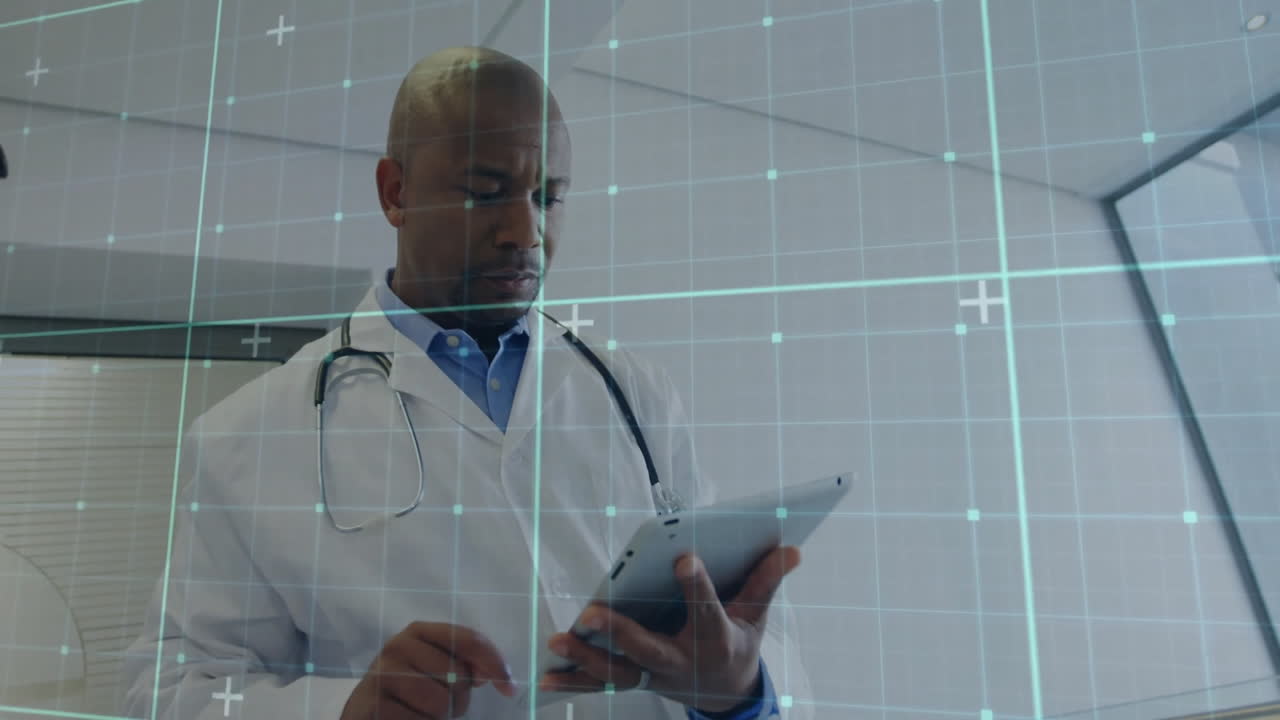 Male doctor tapping tablet in modern medical office, showcasing floating grid interface and data