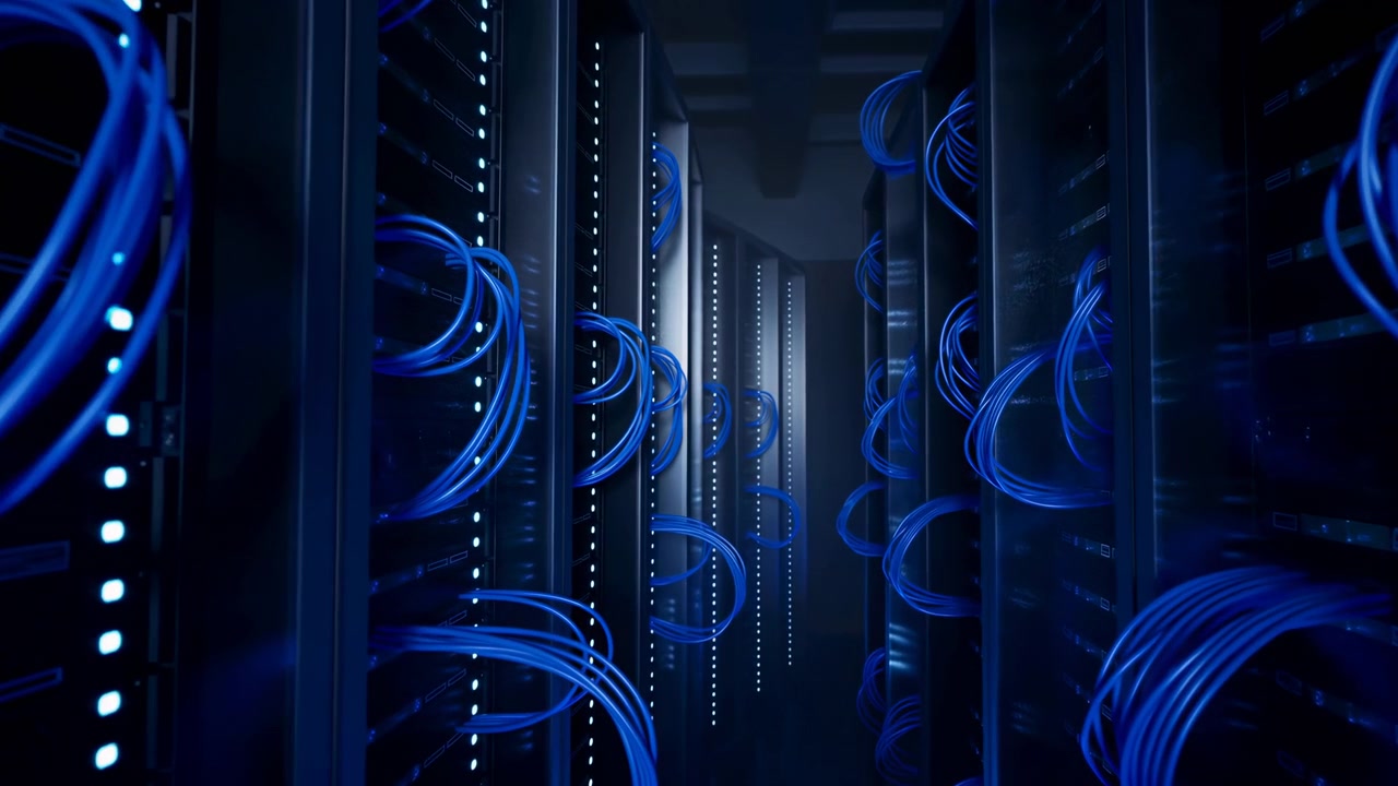 Slow movement through the server corridor reveals bundled blue cables looping from dark rack cabinets, while small white status lights recede toward the center under dim blue illumination.