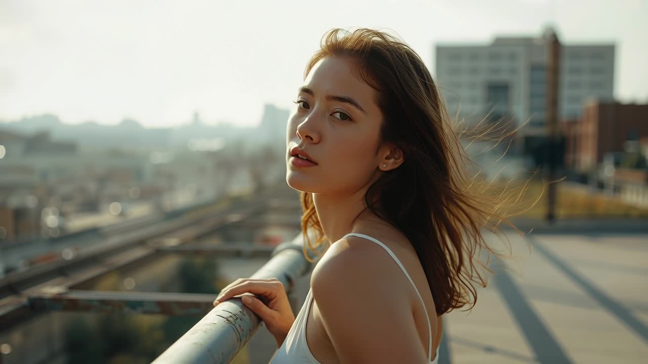 Turning woman, windblown hair, reflecting, gazing upward on roof by tracks, holding rail, white top
