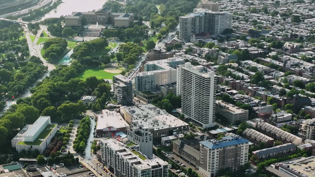 Aerial view of Philadelphia with parks and skyline