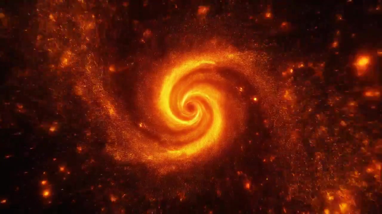 Vortice di particelle a spirale dorata luminosa nello spazio profondo