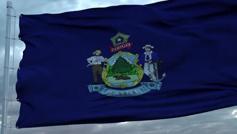 flag of maine waving in the wind against deep beautiful clouds sky