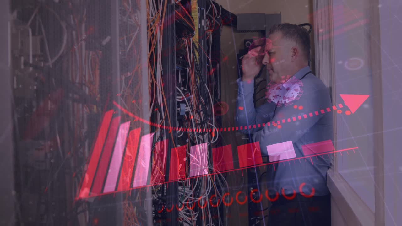 Animation of financial graphs over caucasian man checking server wires
