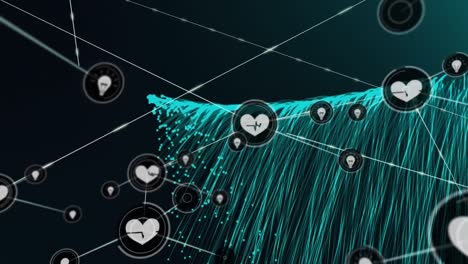 Animation-of-network-of-connections-with-digital-heart-icons-over-green-light-trails