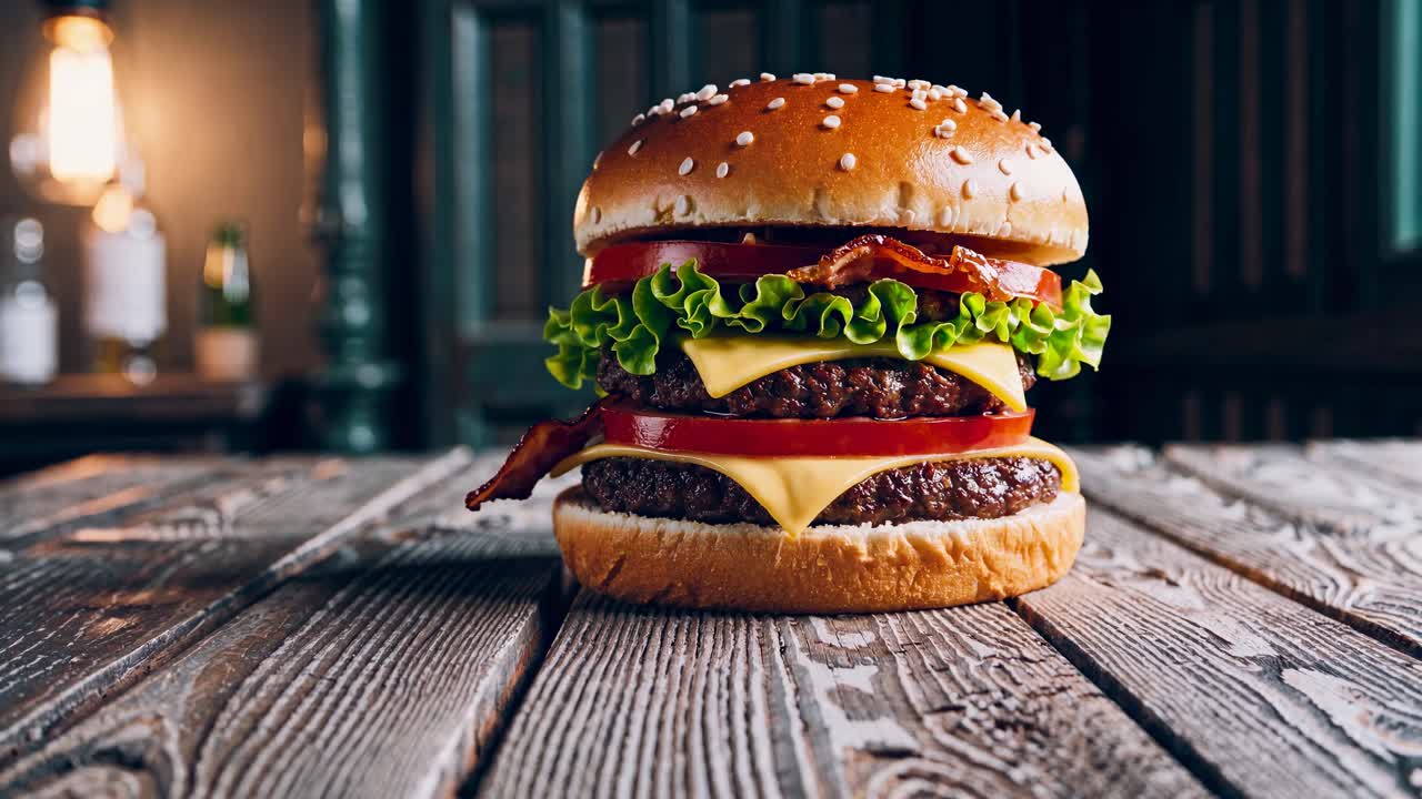 Video showcasing a gourmet burger with layers of cheese, lettuce, and bacon, styled with rustic
