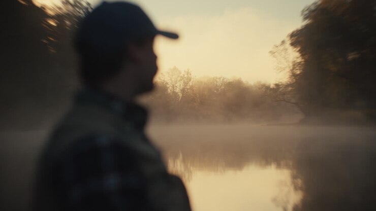 Man standing by a lake at sunrise