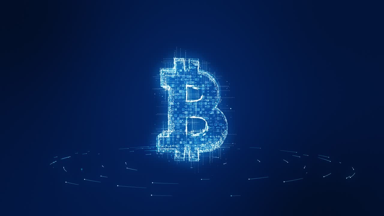 Motion graphic of Blue particle money logo with futuristic technology circle rotation and levitation dot on abstract background