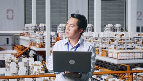 warehouse manager checking inventory on laptop