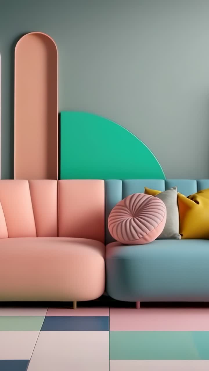 Vertical video: Opening showing sliding panels aligning behind sofa on pastel tiles with cushions