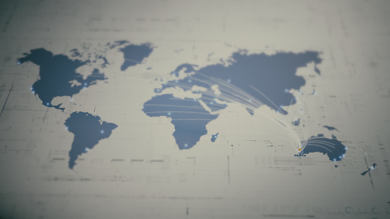 Globalt forretningsnetværkskort med glødende dataforbindelser, verdensomspændende forbindelse, logistikruter, sikker kommunikation, cloud-infrastruktur, big data-teknologi: Perth, Australien.